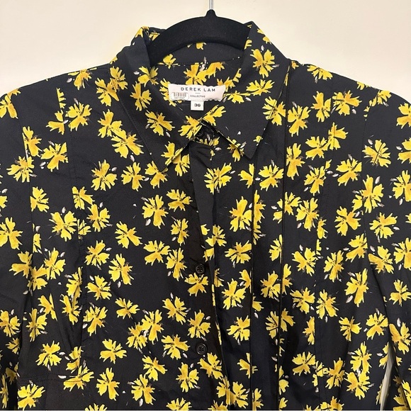 Derek Lam Collective Yellow Floral Pleated Flowy Dress Button Sz 36 US XS-SM - Picture 4 of 10